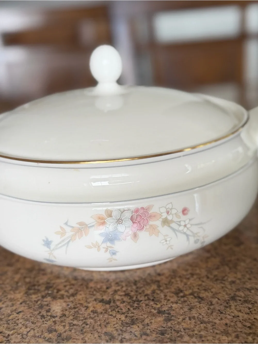 White Porcelain Covered Casserole with Gold Trim and Floral Motif